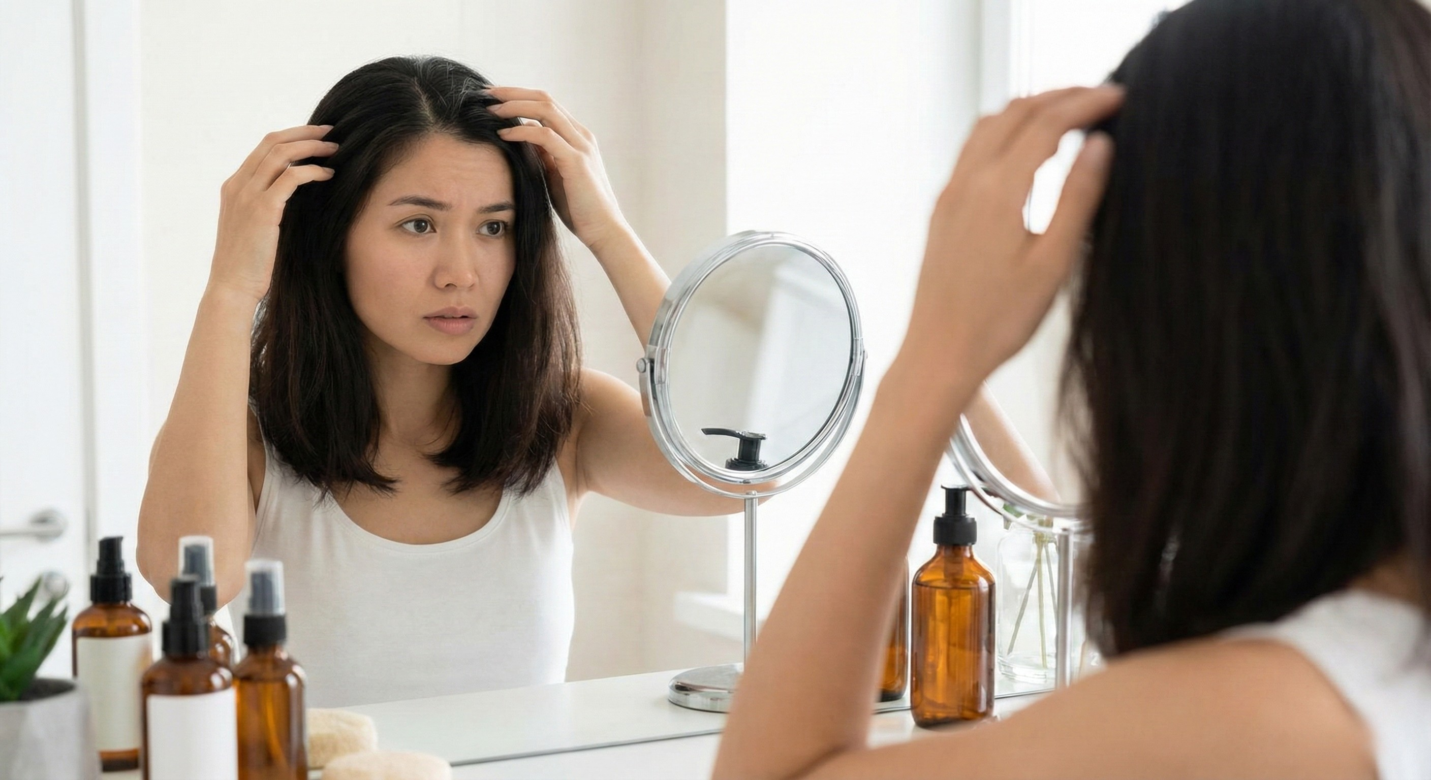 女生照鏡子檢視頭皮狀況